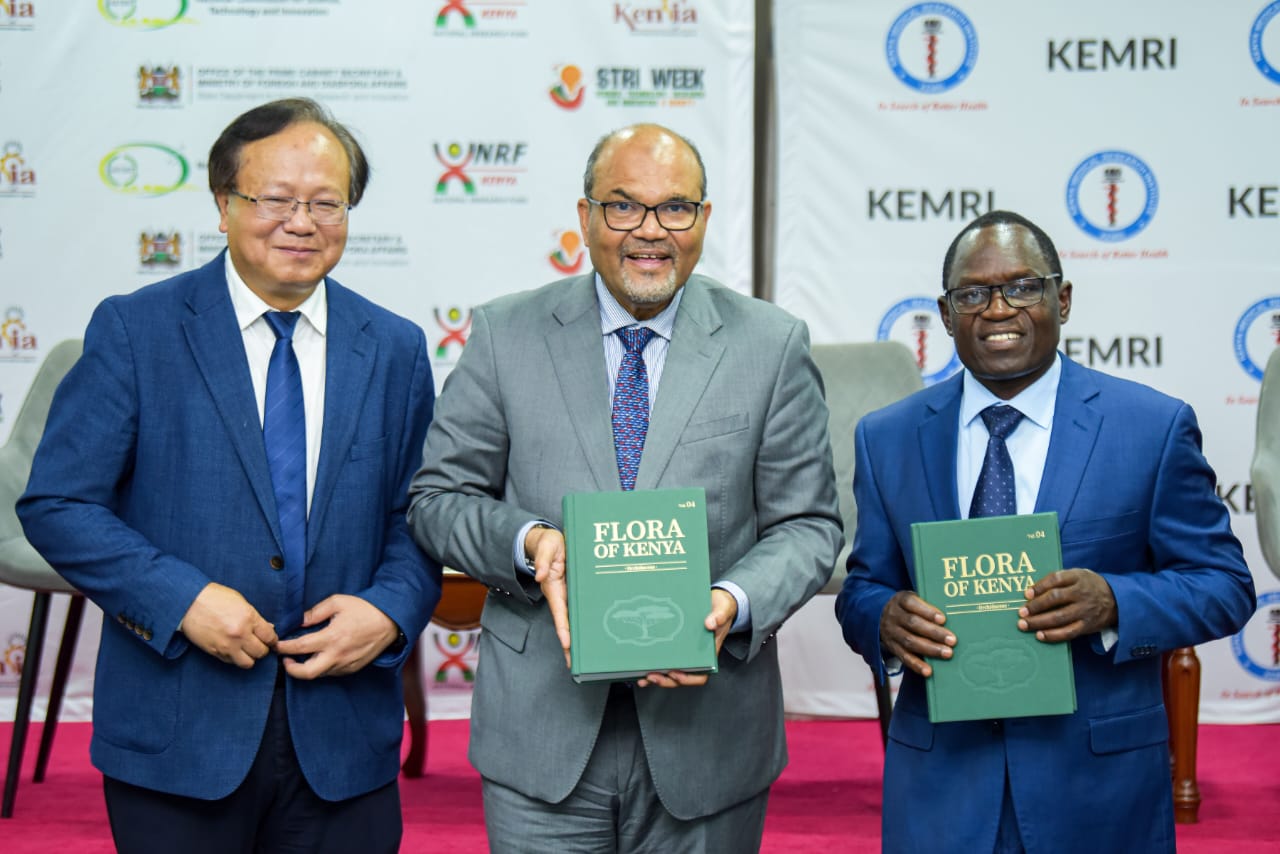 PS for Broadcasting and Telecommunications, Stephen Isaboke (right) and Prof Shaukat Abdulrazak (centre), the Principal Secretary for Science, Research, and Innovation at the Science, Technology, Research and Innovation for Society Week (STRI4Society) 2026