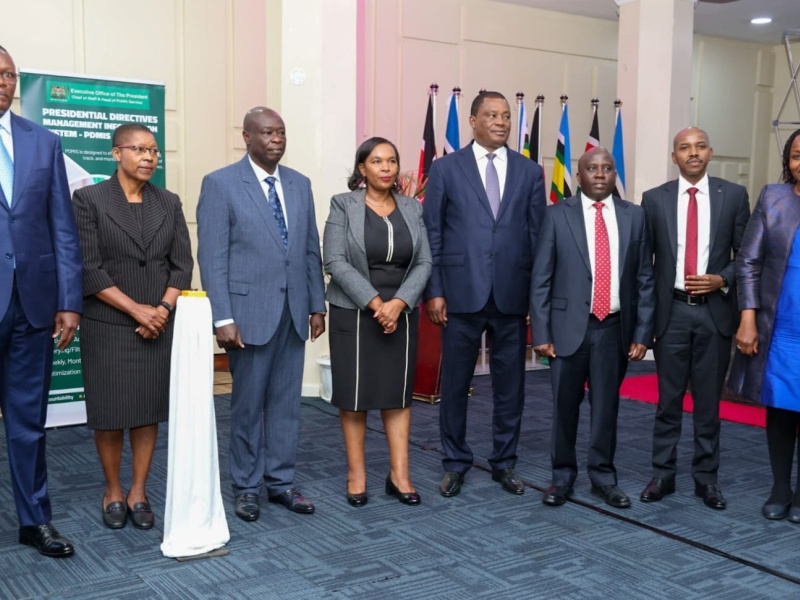 Deputy President H.E. Rigathi Gachagua (third left) flanked by the AG Dorcas Oduor (left) and CS for MICDE, Dr. Margaret Ndung’u (right) during the official launch of the Foreign Travel Management Information System (FoTIMS) and Presidential Directives Management Information System (PDMIS) at (KICC) on 2nd September, 2024.