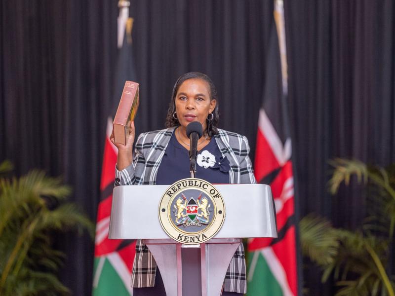 The MICDE Cabinet Secretary, Dr. Margaret Ndung'u during the swearing in ceremony held at State House on 8th August, 2024.