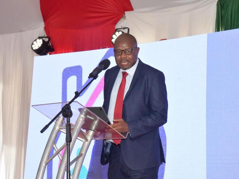 Broadcasting and Telecommunications PS Prof. Edward Kisiang'ani speaking during the UHC Conference Expo in Kapkatet Stadium, Kericho County. 